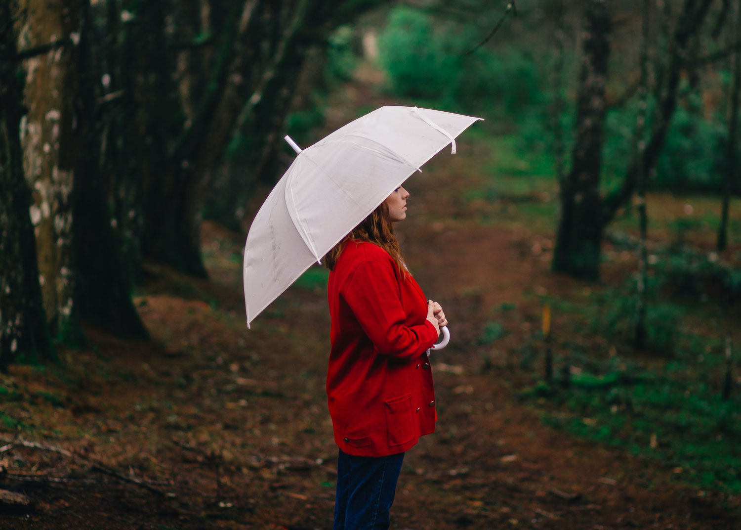 femme tient un parapluie dans la forêt