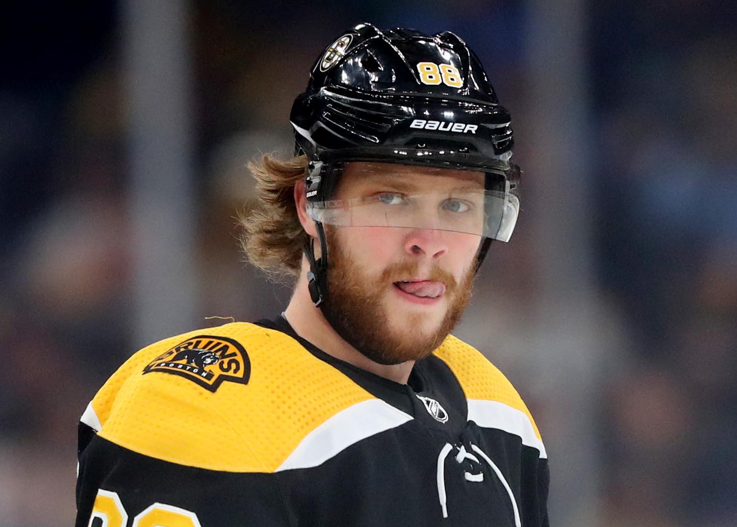 BOSTON, MASSACHUSETTS - FEBRUARY 25: David Pastrnak #88 of the Boston Bruins looks on during the first period of the game against the Calgary Flames at TD Garden on February 25, 2020 in Boston, Massachusetts. (Photo by Maddie Meyer/Getty Images)