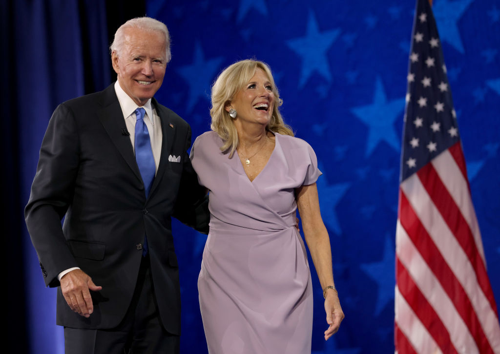 WILMINGTON, DELAWARE - AUGUST 20: : Democratic presidential nominee Joe Biden appears oh stage with his wife Dr. Jill Biden after delivering his acceptance speech on the fourth night of the Democratic National Convention from the Chase Center on August 20, 2020 in Wilmington, Delaware. The convention, which was once expected to draw 50,000 people to Milwaukee, Wisconsin, is now taking place virtually due to the coronavirus pandemic. (Photo by Win McNamee/Getty Images)