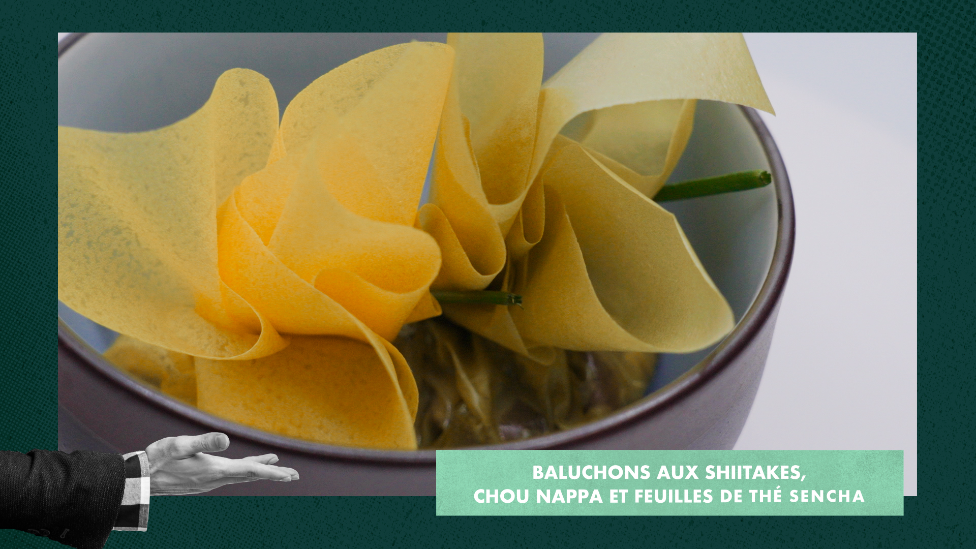 Baluchons aux champignons shiitakes et chou nappa avec feuilles de thé vert Sencha 