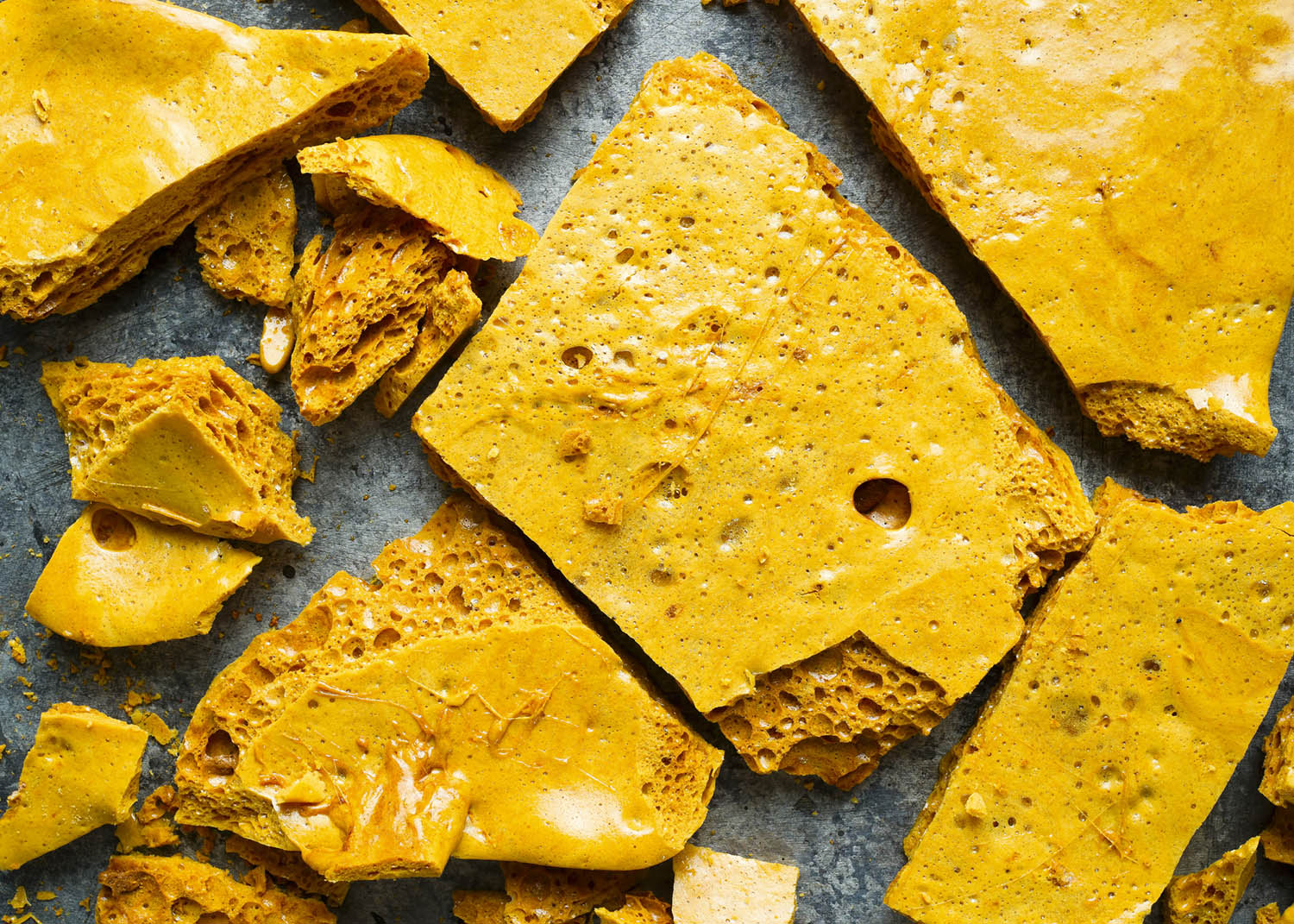 close up of rustic homemade golden honeycomb toffee