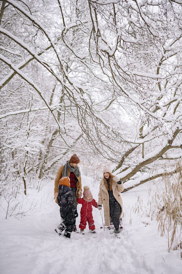 famille marche dans la forêt en hiver