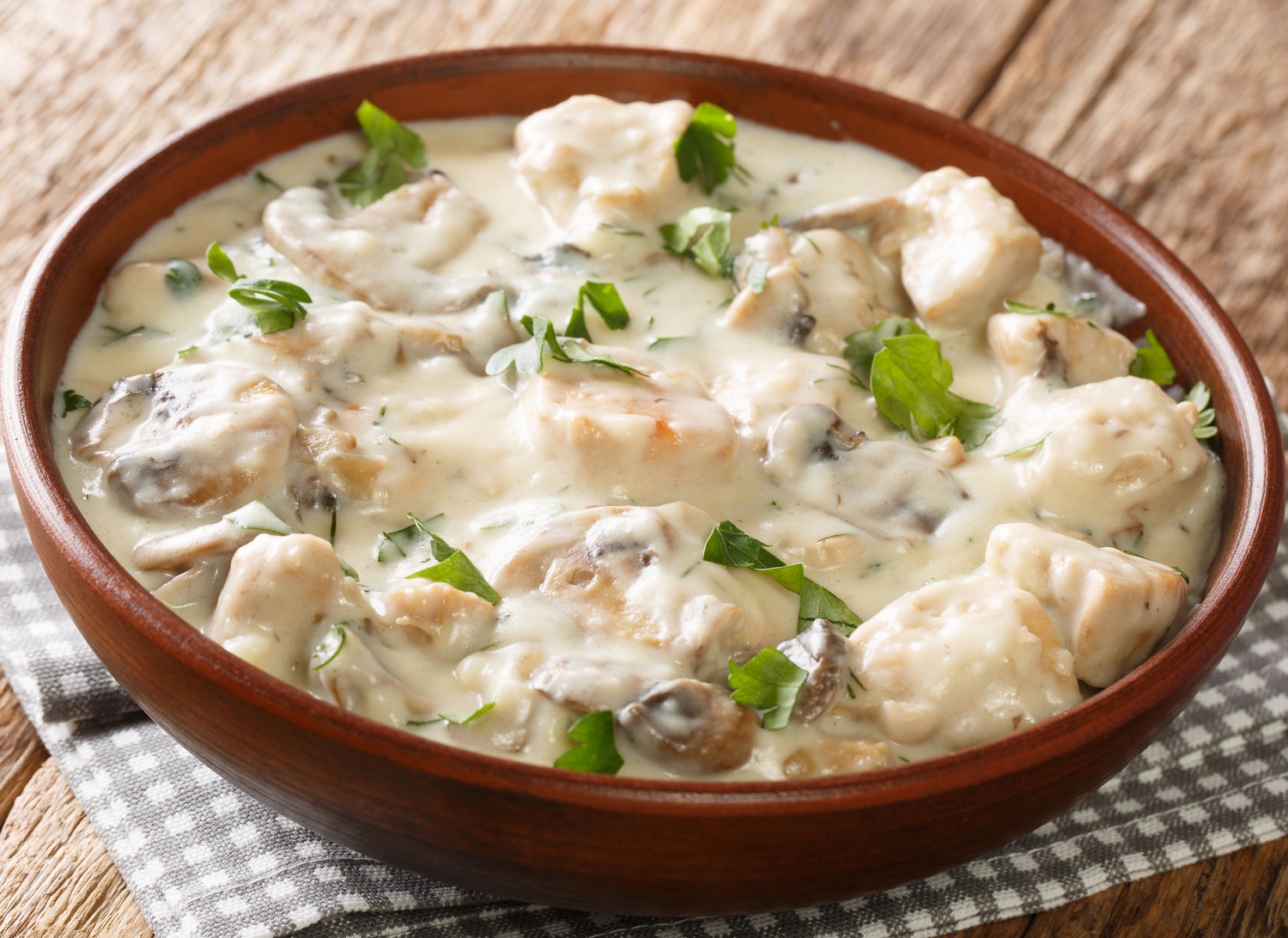 Ciulama chicken fricassee with white creamy sauce roumanian recipe  closeup in the plate on the table. Horizontal