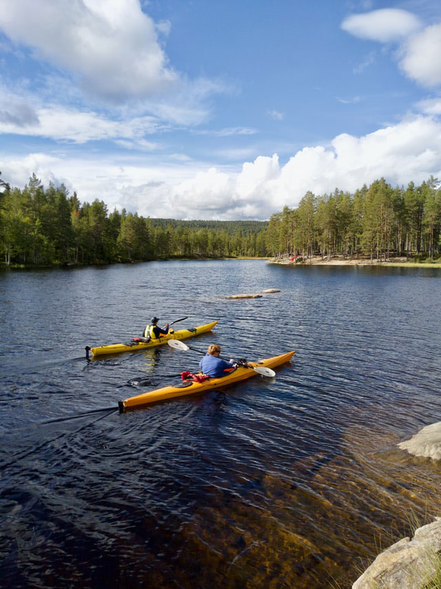 randonnée en kayak sur lac calme entouré de forêt