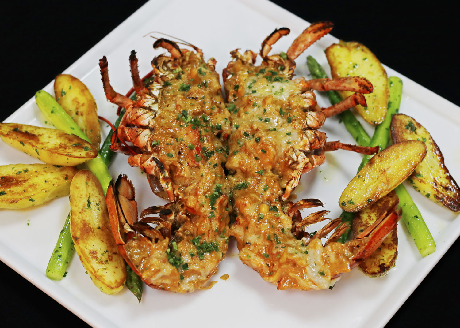 lobster thermidor served with glazed potato and asparagus in a platter, black background