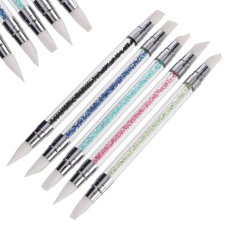 Lot de 5 pinceaux pour nail art en acrylique avec double tête en silicone - Outils de sculpture et de décoration pour ongles