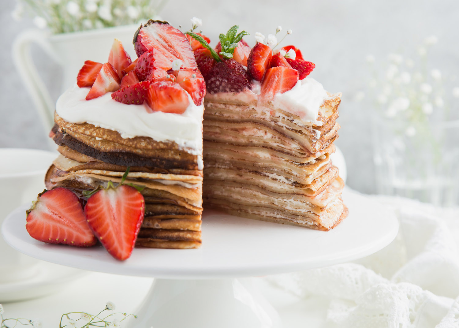 strawberry and ricotta crepes cake,  selective focus