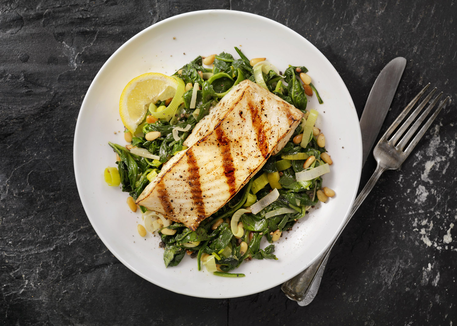 Grilled Halibut with Spinach, leeks and Pine Nuts - Photographed on Hasselblad H3D2-39mb Camera