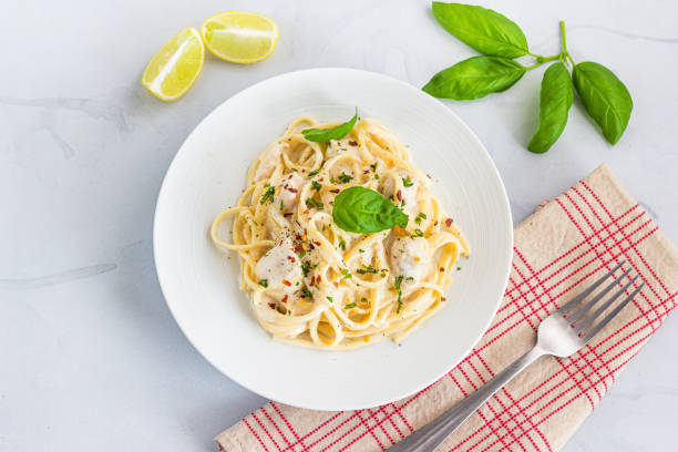 Simple Chicken Pasta, Italian Food, Top Down Food Photography