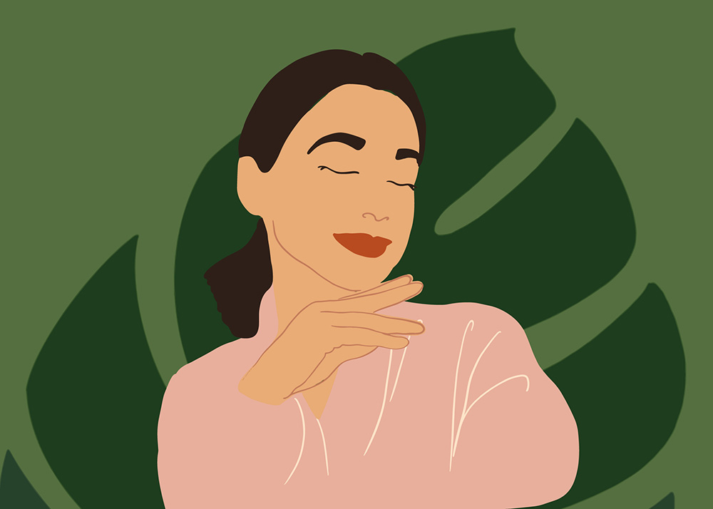 A portrait of a calm and relaxed woman in pink bathrobe and green plant leaf on background. SPA and wellness routine. Vector Illustration.