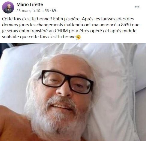 Post Facebook de Mario Lirette hospitalisé