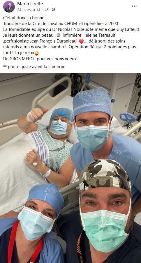 Post Facebook de Mario Lirette après son opération au CHUM