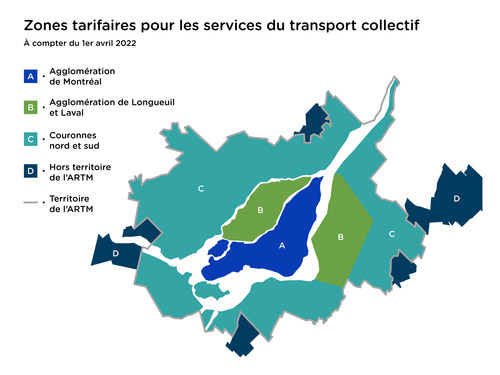 Les zones tarifaires métropolitaines en transport collectif. (Groupe CNW/Autorité régionale de transport métropolitain)