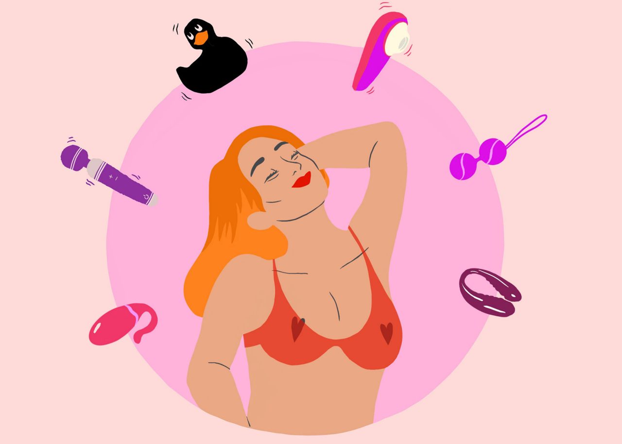 Un dessin d'une femme entourée de jouets sexuels différents