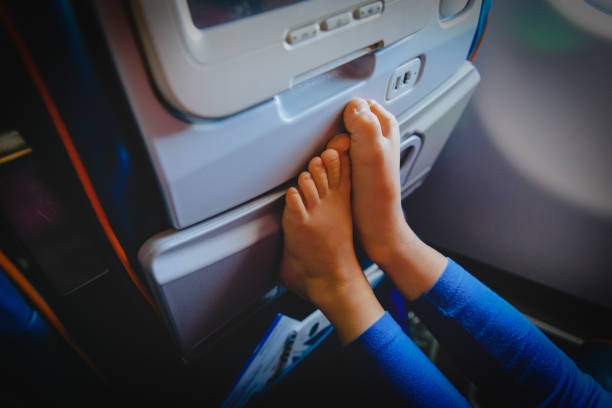 little girl travel by plane, child in flight, safety travel concept