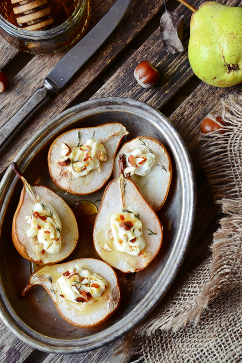 Homemade Stuffed pears with goats cheese, nuts and honey 