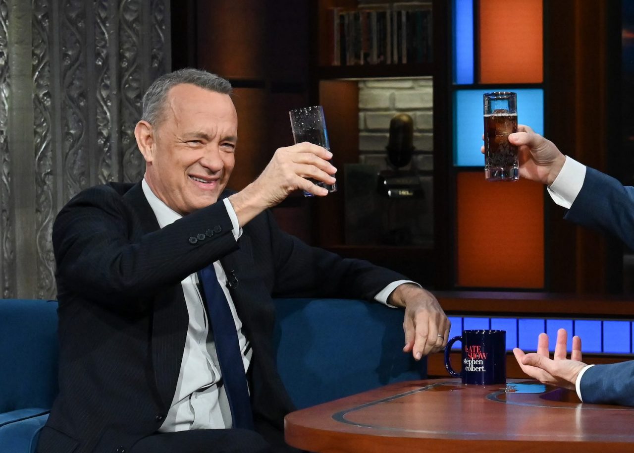 NEW YORK - JANUARY 9: The Late Show with Stephen Colbert and guest Tom Hanks during Mondays January 9, 2023 show. (Photo by Scott Kowalchyk/CBS via Getty Images)