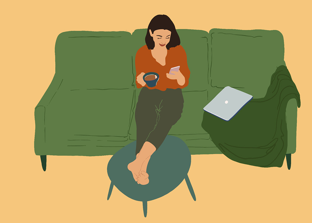 Pretty woman sitting on the green sofa with with coffee and using phone while put her feet on the coffee table. Relaxing after working on laptop. . Flat style. Vector illustration