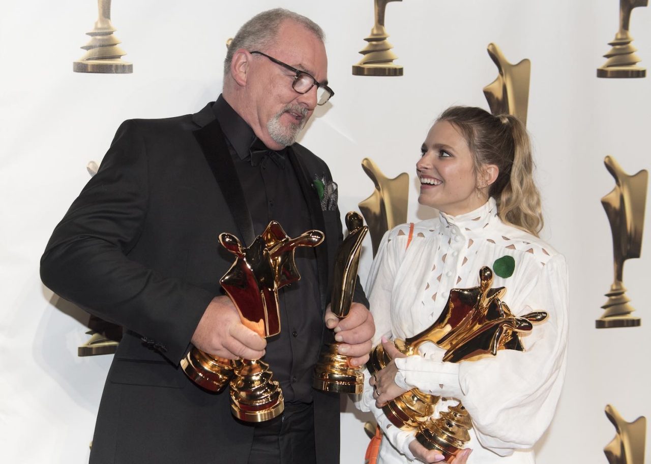 Sarah-Jeanne Labrosse and Gildor Roy hold up thier trophies at the Gala Artis awards ceremony in Montreal, Sunday, May 12, 2019. THE CANADIAN PRESS/Graham Hughes