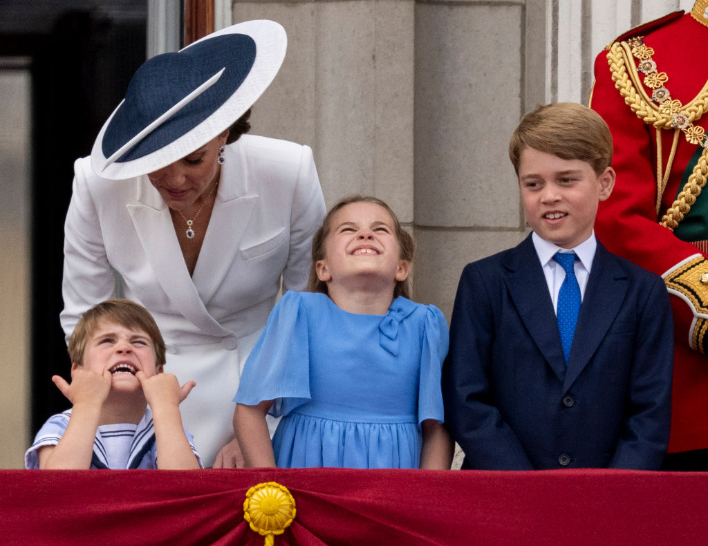 LONDON, ENGLAND - JUNE 02: Catherine, Duchess of Cambridge with Prince Louis of Cambridge, Princess Charlotte of Cambridge and Prince George of Cambridge during Trooping the Colour on June 2, 2022 in London, England. Trooping The Colour, also known as The Queen's Birthday Parade, is a military ceremony performed by regiments of the British Army that has taken place since the mid-17th century. It marks the official birthday of the British Sovereign. This year, from June 2 to June 5, 2022, there is the added celebration of the Platinum Jubilee of Elizabeth II in the UK and Commonwealth to mark the 70th anniversary of her accession to the throne on 6 February 1952. (Photo by Mark Cuthbert/UK Press via Getty Images)