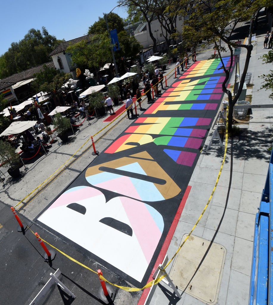 WEST HOLLYWOOD, CALIFORNIA - MAY 23: "Born This Way Day" is celebrated with a painted crosswalk on Robertson Boulevard as seen from The Abbey as Mayor Lindsey P. Horvath and Lady Gaga declare "Born This Way Day" in the city of West Hollywood in celebration of the 10th anniversary of Lady Gaga's album "Born This Way" on May 23, 2021 in West Hollywood, California. (Photo by Kevin Mazur/Getty Images for LG)