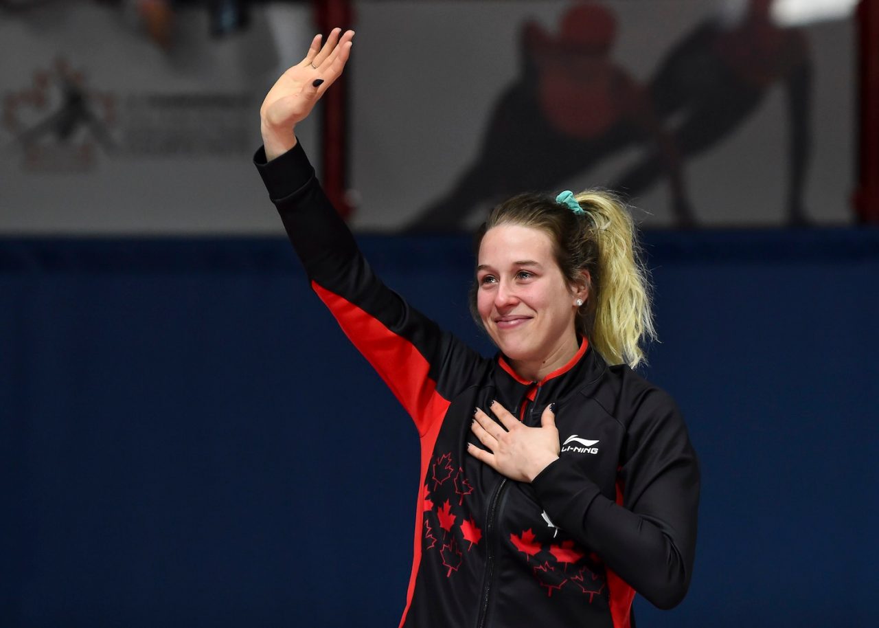 MONTREAL, QC - MARCH 18:  Marianne St-Gelais of Canada salutes the fans as she announces her retirement during the World Short Track Speed Skating Championships at Maurice Richard Arena on March 18, 2018 in Montreal, Quebec, Canada.  (Photo by Minas Panagiotakis - International Skating Union/International Skating Union via Getty Images)