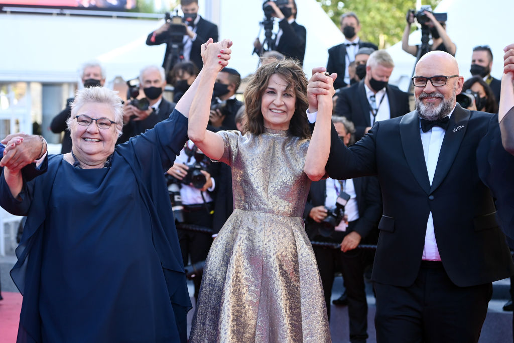 CANNES, FRANCE - JULY 13: Danielle Fichaud, Valerie Lemercier and Sylvain Marcel attend the "Aline, The Voice Of Love" screening during the 74th annual Cannes Film Festival on July 13, 2021 in Cannes, France. (Photo by Kate Green/Getty Images)