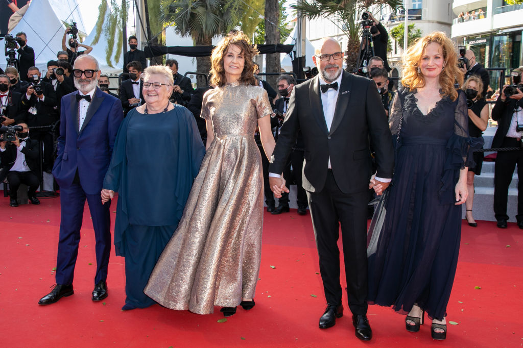 CANNES, FRANCE - JULY 13: (L-R) Roc Lafortune, Danielle Fichaud, Valerie Lemercier, Sylvain Marcel and Pascal Desrochers attend the "Aline, The Voice Of Love" screening during the 74th annual Cannes Film Festival on July 13, 2021 in Cannes, France. (Photo by Marc Piasecki/FilmMagic)