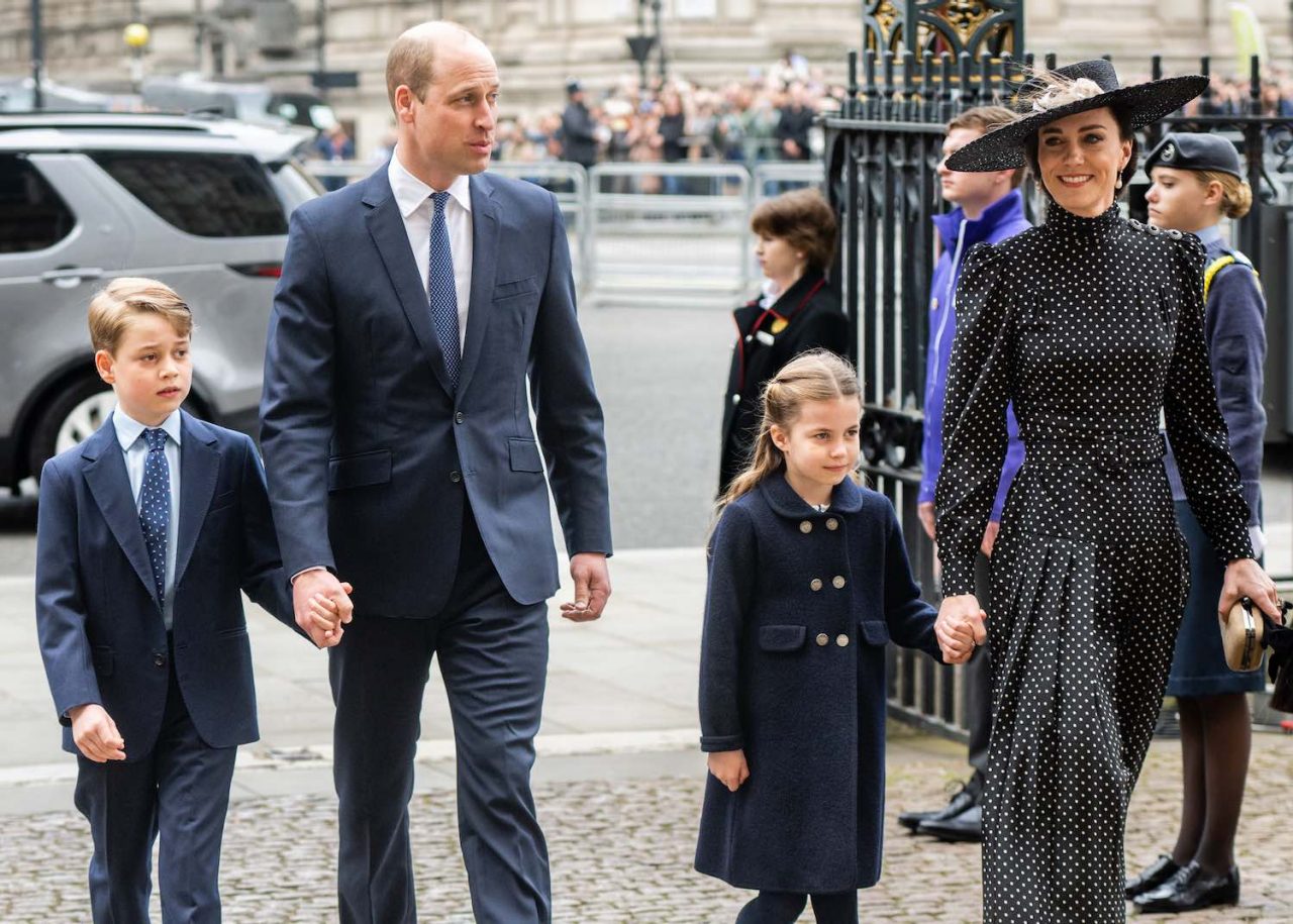 LONDON, ENGLAND - MARCH 29:  Prince George of Cambridge, Prince William, Duke of Cambridge, Princess Charlotte of Cambridge and Catherine, Duchess of Cambridge depart the memorial service for the Duke Of Edinburgh at Westminster Abbey on March 29, 2022 in London, England.  (Photo by Samir Hussein/WireImage)
