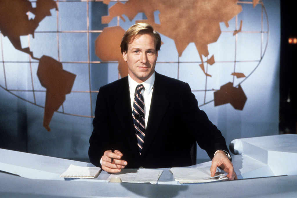 William Hurt as a newscaster in a scene from the film 'Broadcast News', 1987. (Photo by Amercent Films/Getty Images)