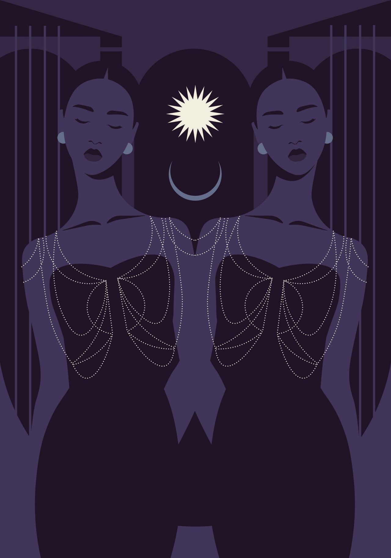 Young women stand together. Gemini. Horoscopes and astrology. Magic and mysticism. Vector flat illustration