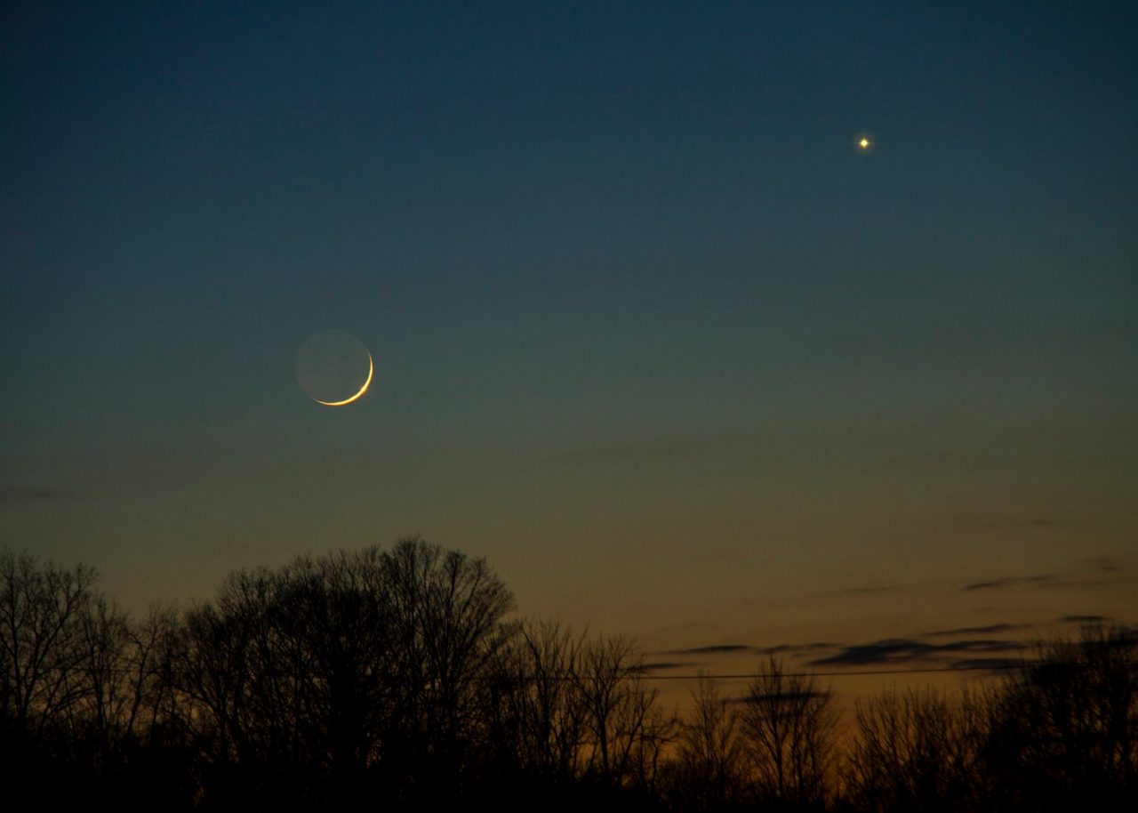 A conjunction of the planets and the moon in a twilight winter sky
