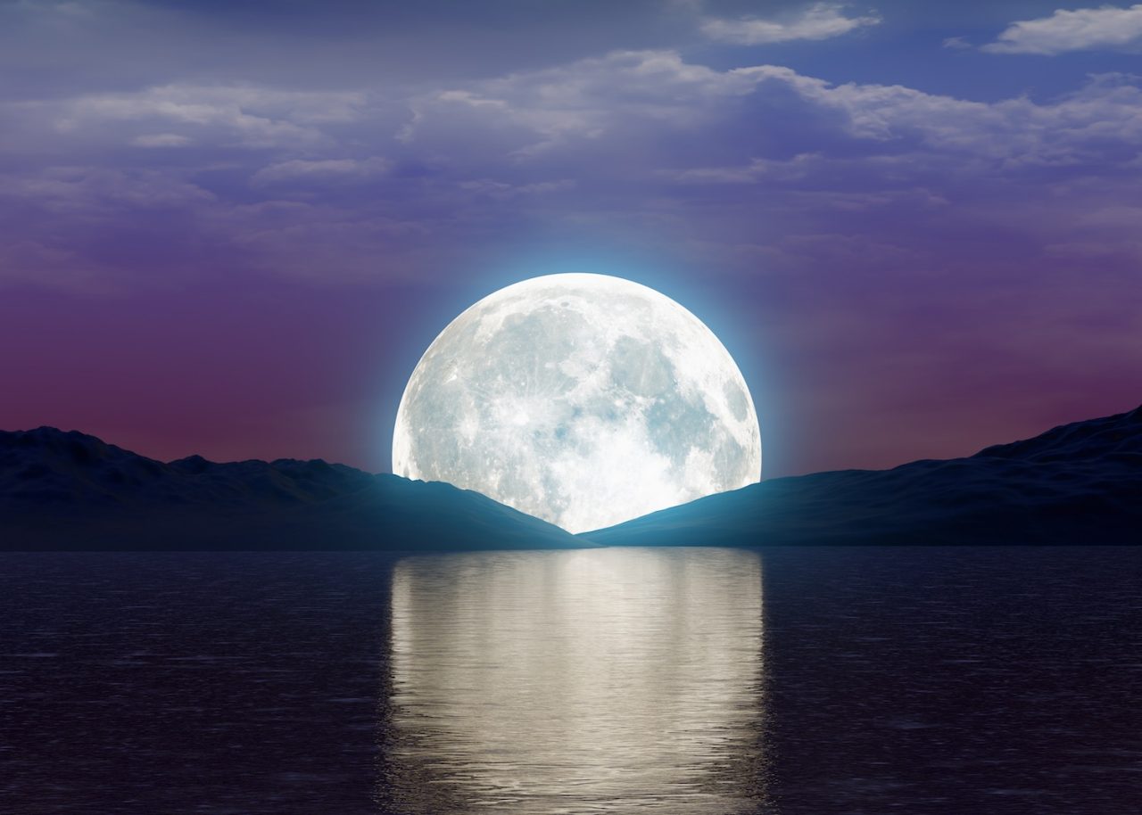 full moon over water lake and mountain night landscape glowing light reflection 3D illustration