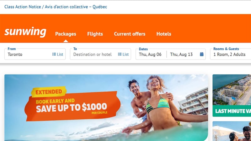 Visées par une action collective, les compagnies aériennes – dont Sunwing – sont légalement contraintes d’afficher l'avis de cette action collective de manière très visible sur la page d'accueil de leurs sites web et réseaux sociaux durant tout le mois de juillet 2026.