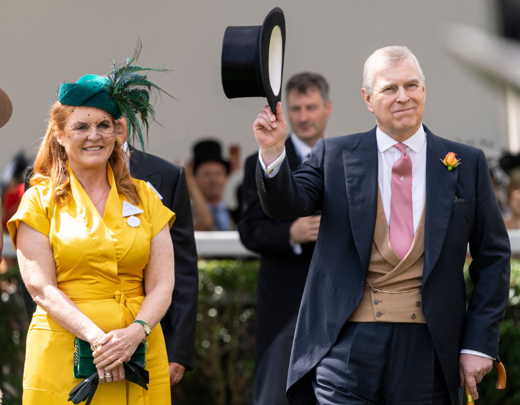 ASCOT, ENGLAND - JUNE 21: Prince Andrew, Duke of York and Sarah Ferguson, Duchess of York on day four of Royal Ascot at Ascot Racecourse on June 21, 2019 in Ascot, England. (Photo by Mark Cuthbert/UK Press via Getty Images)