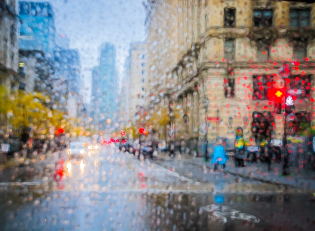Abstract concept photograph of a rainy city street in Montreal Quebec