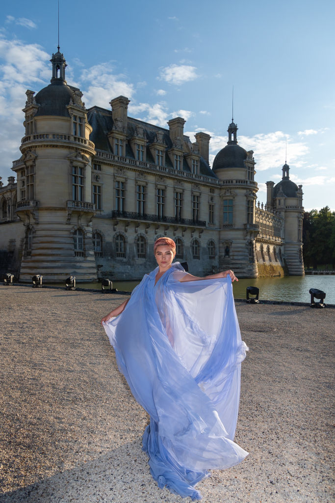 CHANTILLY, FRANCE - JULY 05: (EDITORIAL USE ONLY - For Non-Editorial use please seek approval from Fashion House) (EDITOR'S NOTE: Image contains nudity)  Florence Pugh attends the Valentino Haute Couture Fall/Winter 2023/2024 show as part of Paris Fashion Week at Chateau de Chantilly on July 05, 2023 in Chantilly, France. (Photo by Marc Piasecki/WireImage)