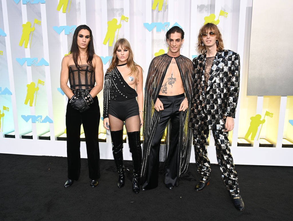 Ethan Torchio, Victoria De Angelis, Damiano David and Thomas Raggi of MÃ¥neskin at the 2022 MTV Video Music Awards held at Prudential Center on August  28, 2022 in Newark, New Jersey. (Photo by Bryan Bedder/Variety via Getty Images)