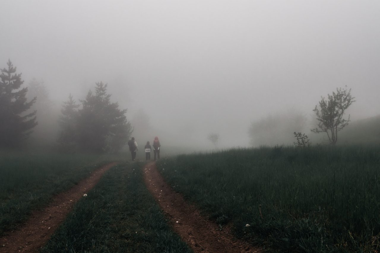 Lost tourists in the fog - travelers leaving along the path leading to the foggy forest.