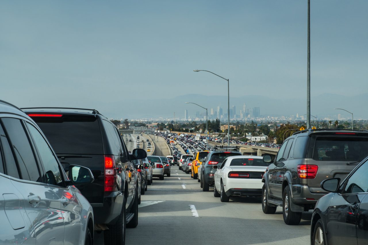 Traffic jam at a complete standstill on the 110 Freeway traveling from LAX towards downtown around 2 pm on Sunday.